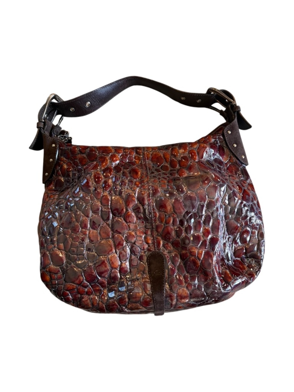 Donald J Pliner Brown Croc Embossed Leather Suede Shoulder Bag - Picture 2 of 12